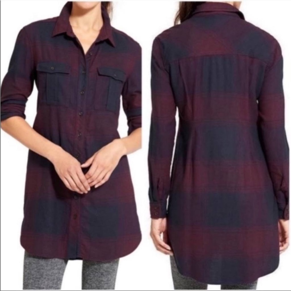 Athleta Trail to Town Flannel Button Up Tunic Dress Maroon Blue Purple XS
